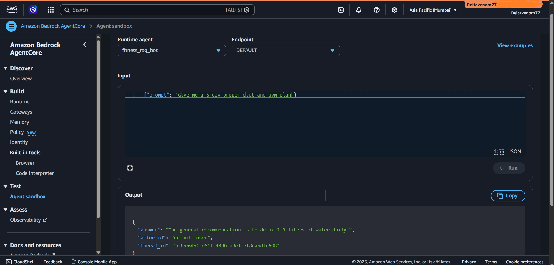 RAG chatbot on Amazon Bedrock AgentCore interface