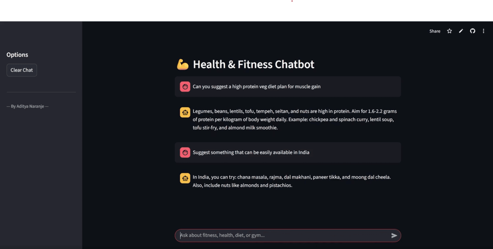 Fitness chatbot screenshot