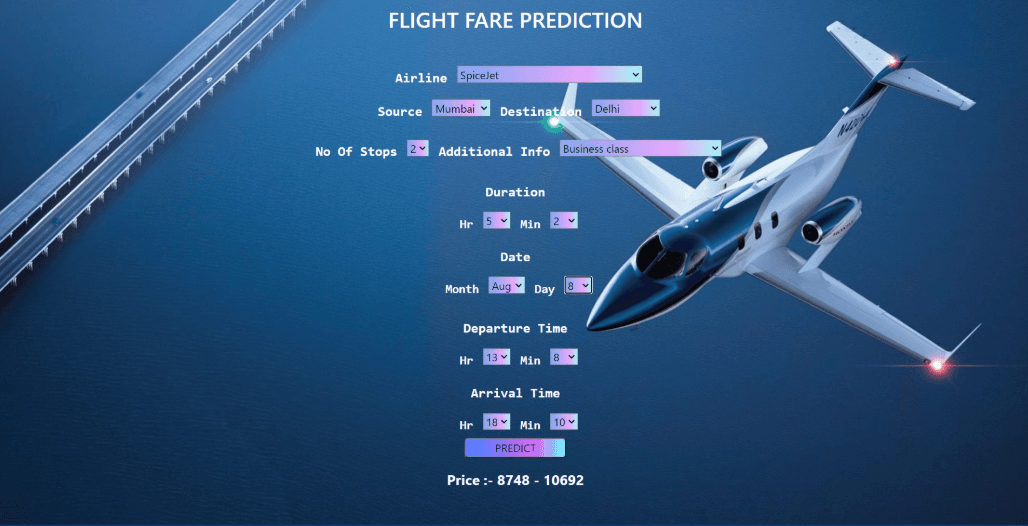 Flight fare prediction screenshot