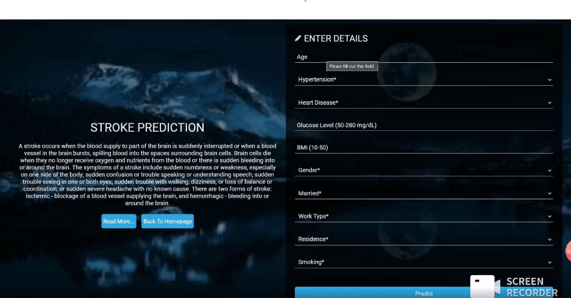 Disease prediction web app screenshot