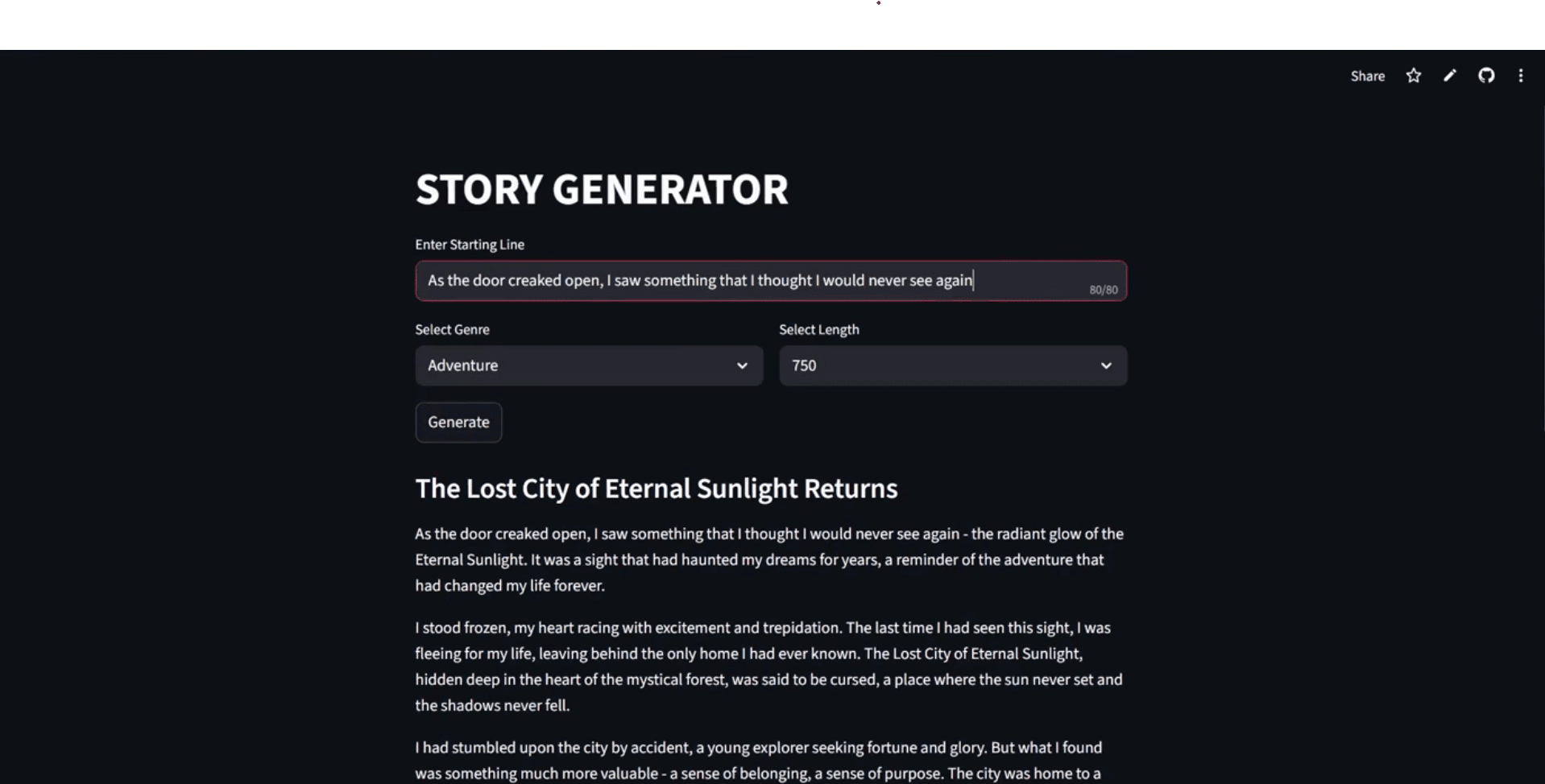 Story generator screenshot